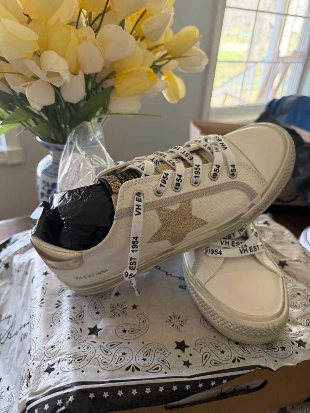 Vintage Havana White Sneakers with Gold Star Detail